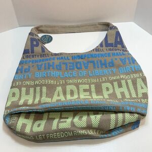 Robin Ruth Philadelphia Hobo Bag Canvas Blue Green Tan Patriotic All Over Print